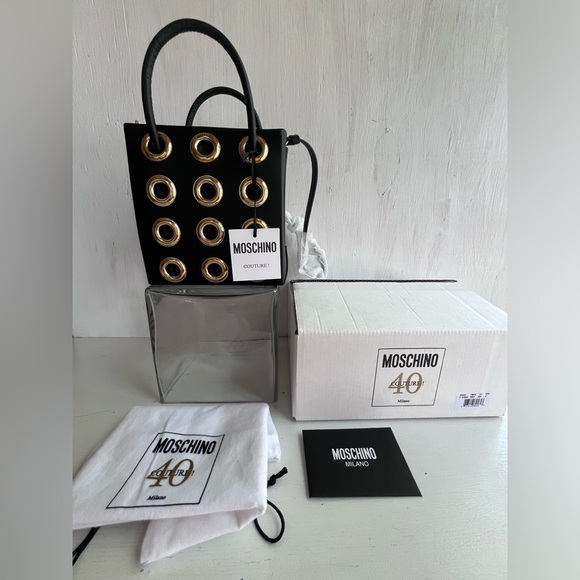 MOSCHINO Heart of Wool Leather Shoulder Bag- Black Gold - Picture 11 of 15